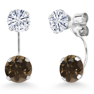 14K White Gold Smoky Quartz and White Moissanite Stud Earrings for Women | 2.60