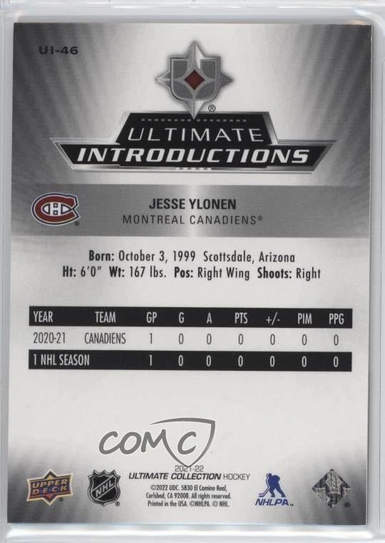 2021-22 Ultimate Collection Introductions Gold /49 Jesse Ylonen #UI-46 Rookie RC - Image 2 of 2