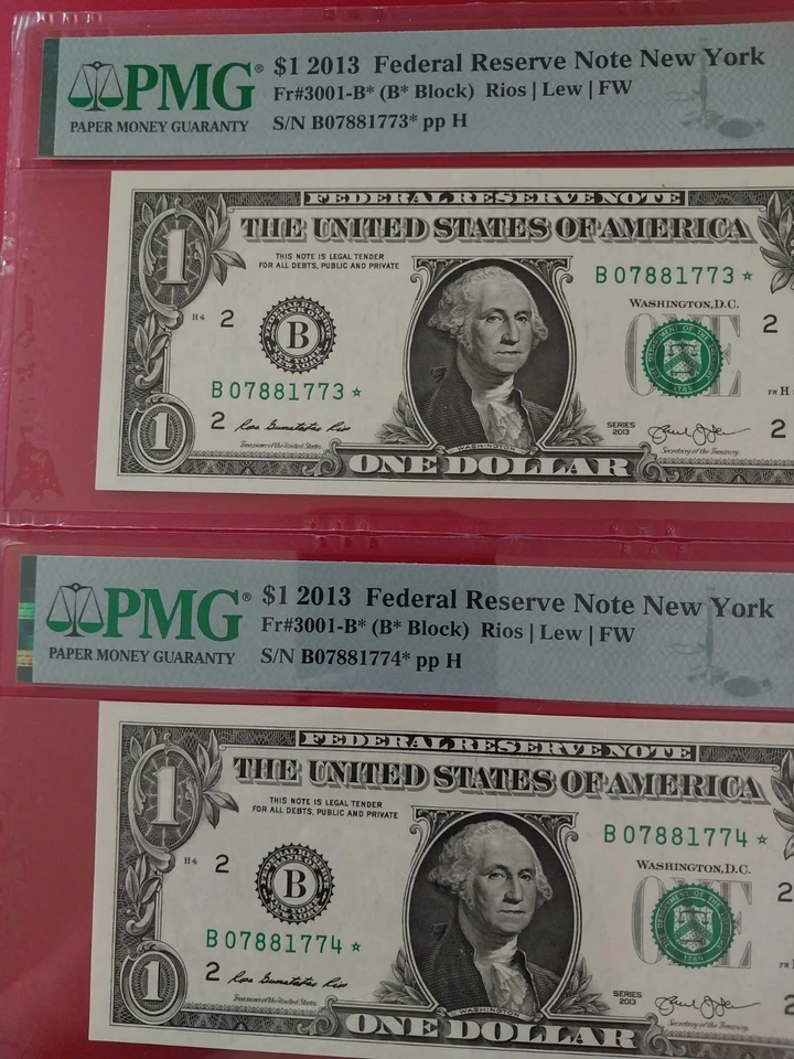 Lot of (3) Consecutive 2013 B Duplicate Star Note Error One Dollar Bill 66 EPQ - Image 3 of 4