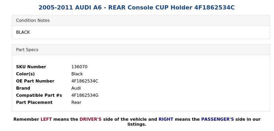 2005-2011 AUDI A6 - Console traseiro suporte CUP 4F1862534C - Imagem 4 de 4