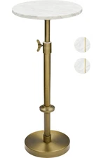 Adjustable-Height Marble Drink Table - 10x10x22-30, White Marble & Antique Br...