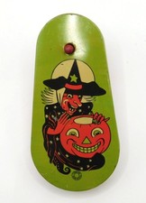 Vintage T Cohn 1940s Tin Litho HALLOWEEN Noisemaker MCM Wood Handle WORKS