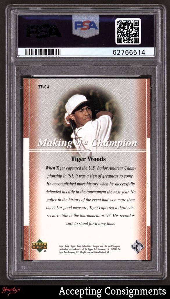 2001 Upper Deck Collection #TWC4 Tiger Woods U.S. Jr. Champ RC Rookie PSA 10 GEM view 2