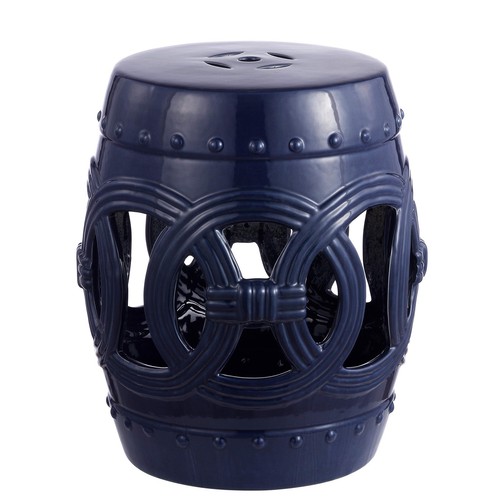 Moroccan Diamonds 18" Ceramic Drum Garden Stool, Blue/White
