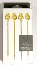 Viski Gold Art Deco Cocktail Picks, Stainless Steel, Box of 4, NEW never used.