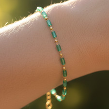 Boho Minimalist Emerald Green Beaded Chain Bracelet for Women 14K Gold Plated
