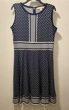 Michael Kors Fit Flare Polka Dot Sleeveless Knee Length Dress Navy White L