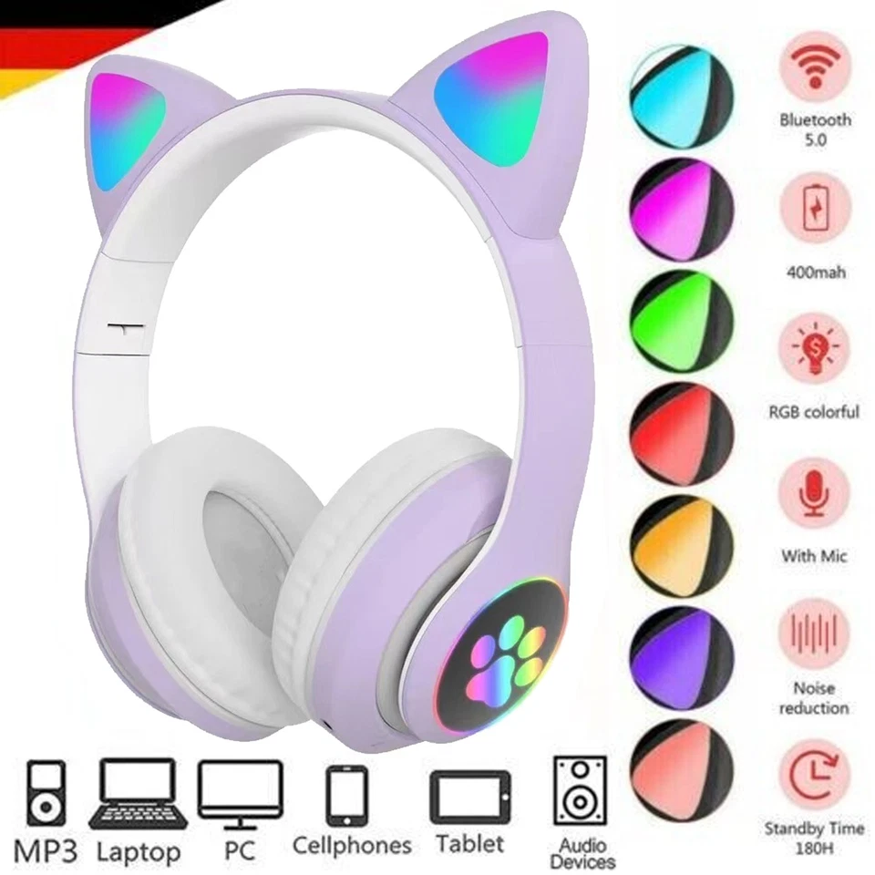 Faltbare Kopfhörer Katze Ohr Kinder Bluetooth Headset mit LED Licht Headphone~ - Bild 3 von 4