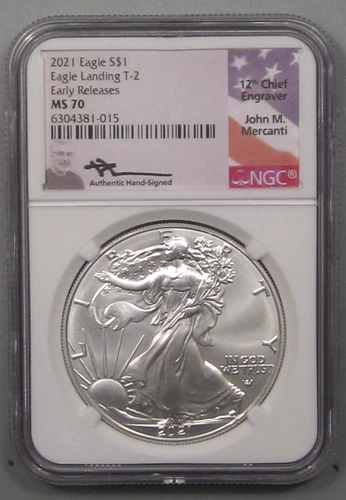 2021 T-2 Silver American Eagle. NGC MS70. ER . John M. Mercanti Signed.