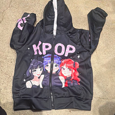 Girls Black Anime KPOP Graphic Print Full Zip Fleece Hoodie Sweatshirt Size 8y