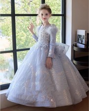 Girls Kids Show dress Sequin feather Blue Ball Gown Princess Party Frock 90731