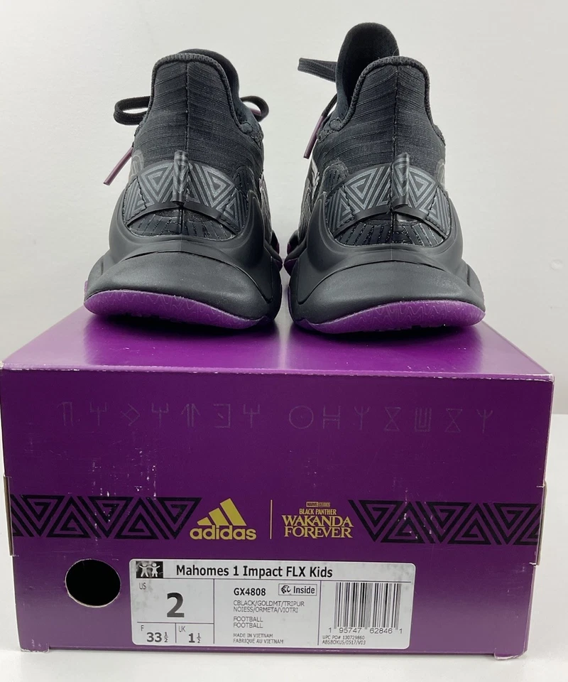 New Adidas Mahomes 1 Impact FLX Boy Size 2 Marvel Black Panther GX9654 With Box - Image 3 of 4