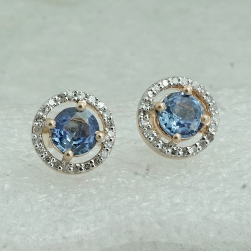 Pendientes de tachuelas de zafiro de piedras preciosas de oro amarillo liso de 14 K pavimentados diamantes joyería fina - Imagen 6 de 7