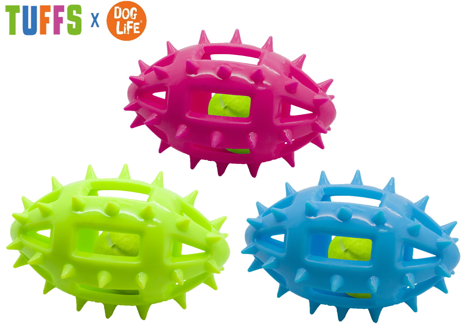 1 X TUFFS DOG LIFE TPR RUBBER LARGE 16 CM SPIKEY RUGBY BALL SQUEAKY DOG TOY 4965