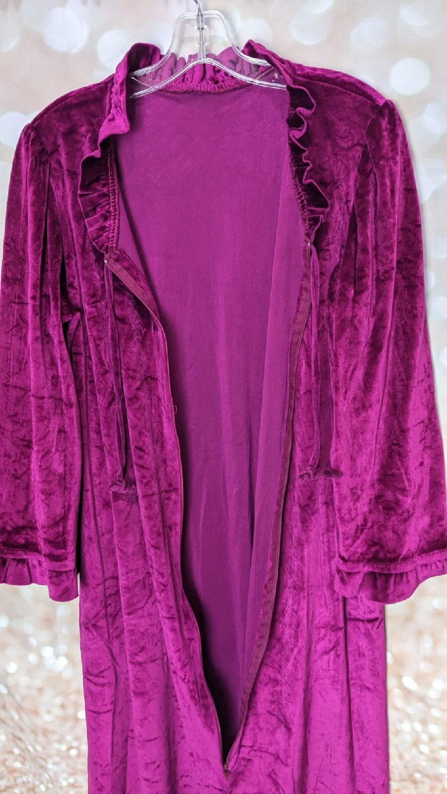 Women's Vintage Dark Fuchsia Crushed Velvet Robe Front Ruffle Accent ...
