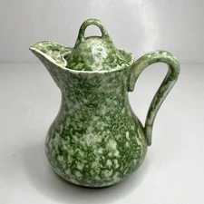 Antique Syracuse O.P. Co. Creamer With Lid Green Spongeware Circa 1920