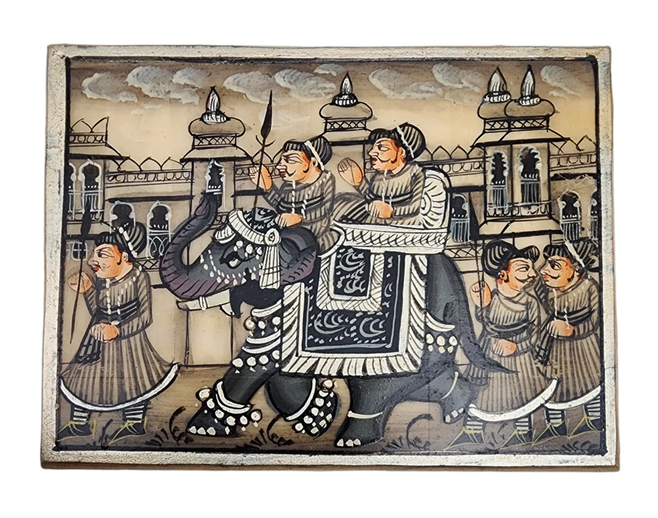 Antigua caja de pintura en miniatura mogol persa pintada a mano tallada vintage Foto 4 de 4