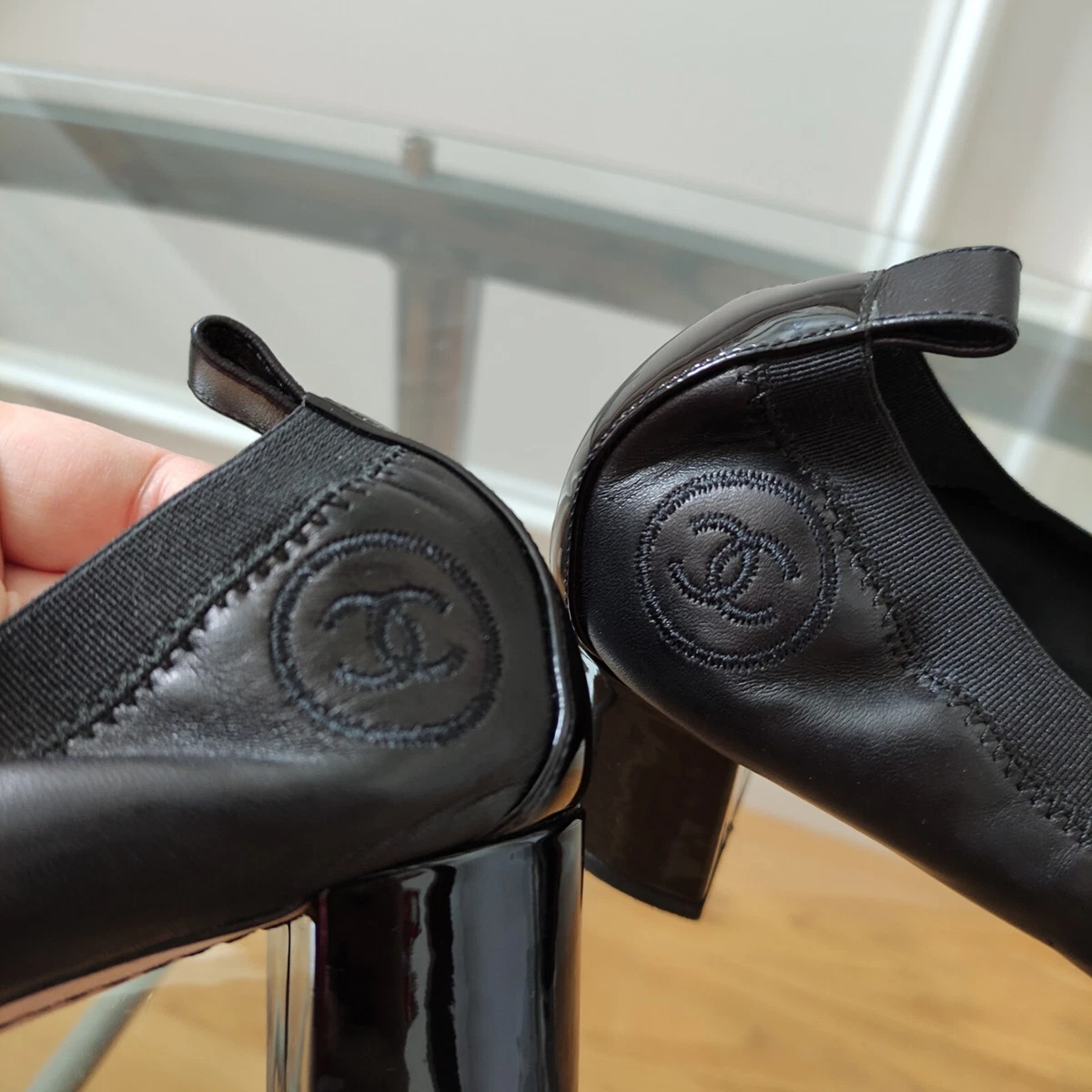 Chanel CC logo Stretch Spirit Cap Toe Patent Heel Pumps 40.5