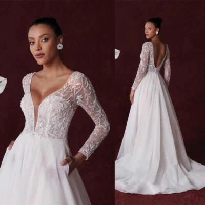 Weiß Ivory Brautkleid Hochzeitskleid V-Ausschnitt Langarm Leckage Zurück - Bild 1 von 4