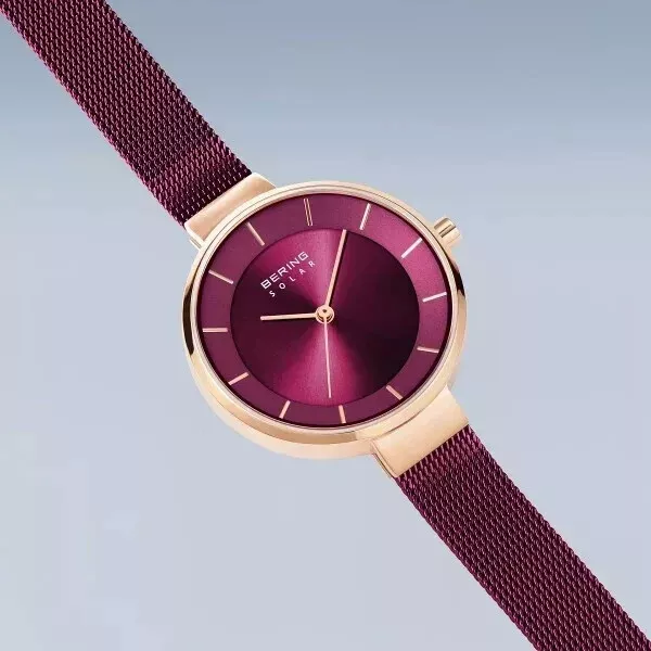 Reloj Bering Para Mujer Delgado Solar Rosa Púrpura Oro Rosa Banda Milanesa 14631-969 Foto 3 de 4