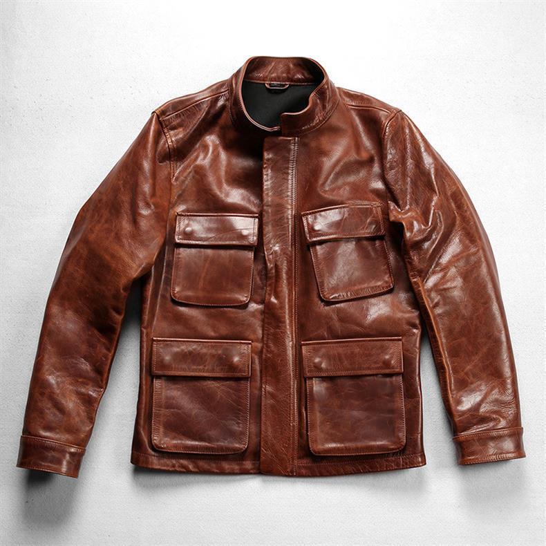 Men's 100% Genuine Cowhide Leather Jacket Stand Collar