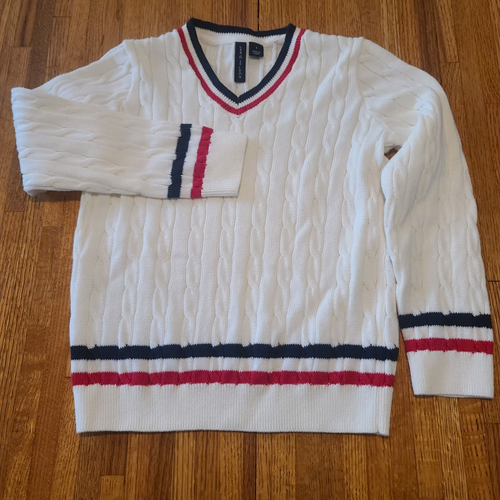 Janie & Jack Boys Cable Knit Tennis Sweater White W/ Blue & Red Trim NWOT 5