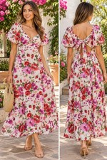Abecrombie & Fitz Hardware Drama Puff Sleeves Maxi Dress Sz XL White/Pink/Friut