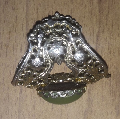 Green Faux Jade Wrap around Filigree Gold Tone Adjustable Ring Vintage - Picture 7 of 8