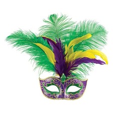 Purple Green Yellow Marquise Glitter Feather Masquerade Mardi Gras Mask
