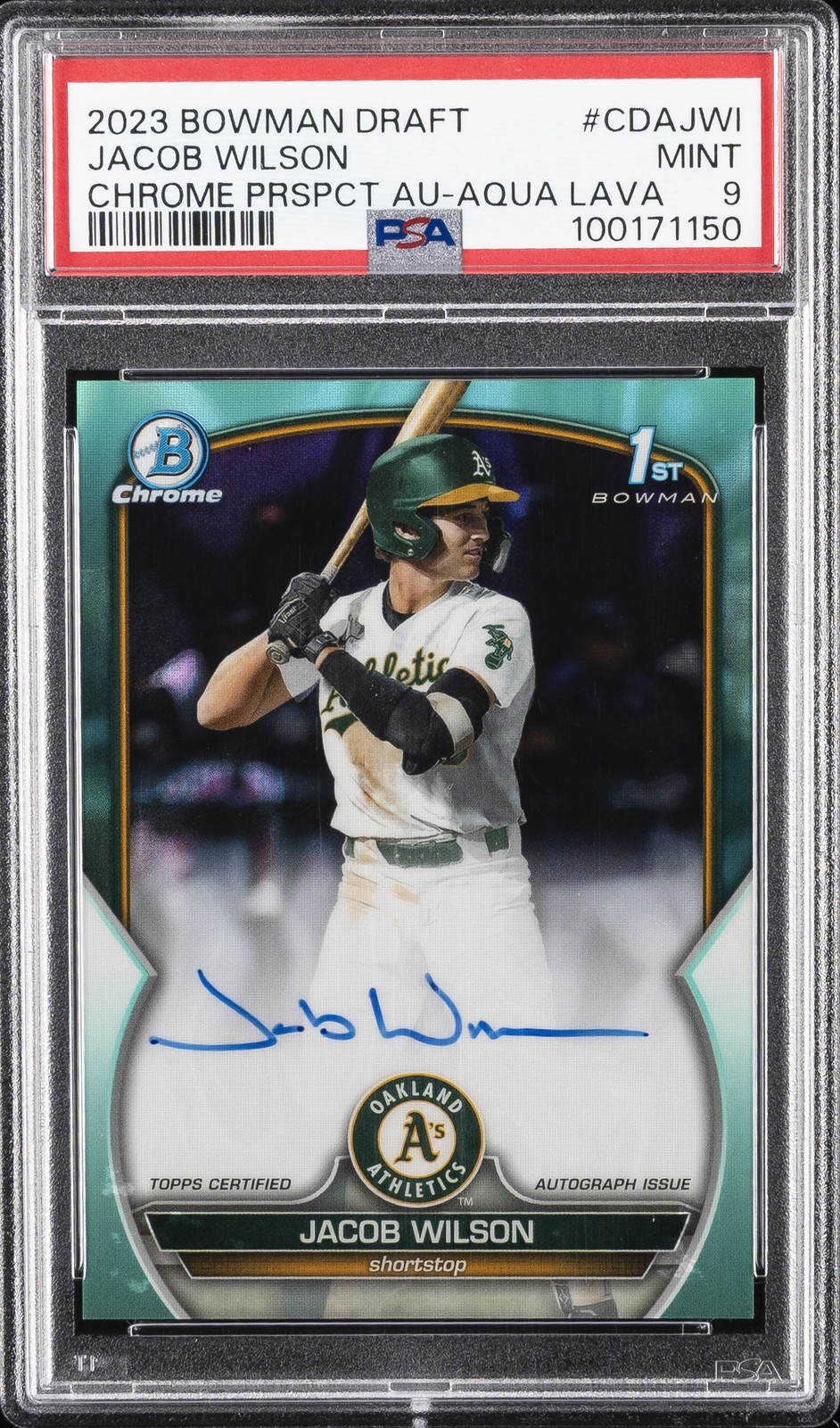 2023 BOWMAN DRAFT CHROME PRSPCT AUTO AQUA LAVA #CDAJWI JACOB WILSON 51/199 PSA 9