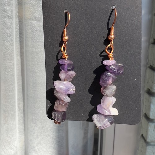 Artisan Made Chunky Amethyst Dangle Drop Earrings On Copper Boho - Picture 2 of 2