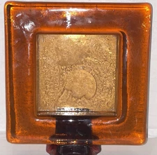 Square Art Glass Amber Ashtray or Catchall - No Slots -HEAVY