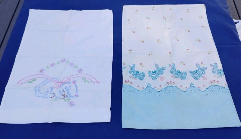 Lot Of Two Sweet Vintage Baby Or Doll Pillowcases Kitten Bunnies Embroidery