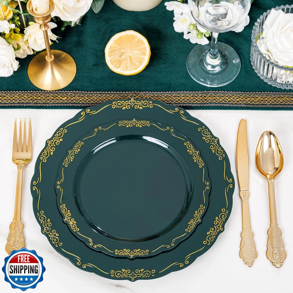 DaYammi 150Pcs Green Plastic Plates with Gold Silverware,Christmas Disposable - Image 4 of 4