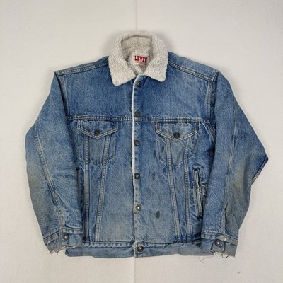 Levi s Denim Sherpa Jacke Trucker Distressed Workwear Made In USA Größe Small