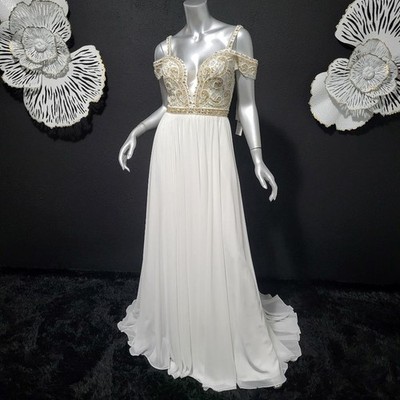 NWT~$565~ANGELA & ALISON~SZ 4~IVORY GOLD BEADED COLD SHOULDER PROM DRESS GOWN