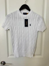 Women's SMALL/Polo PIMA Cotton Cable Knit  WHITE (Lightweight mater)