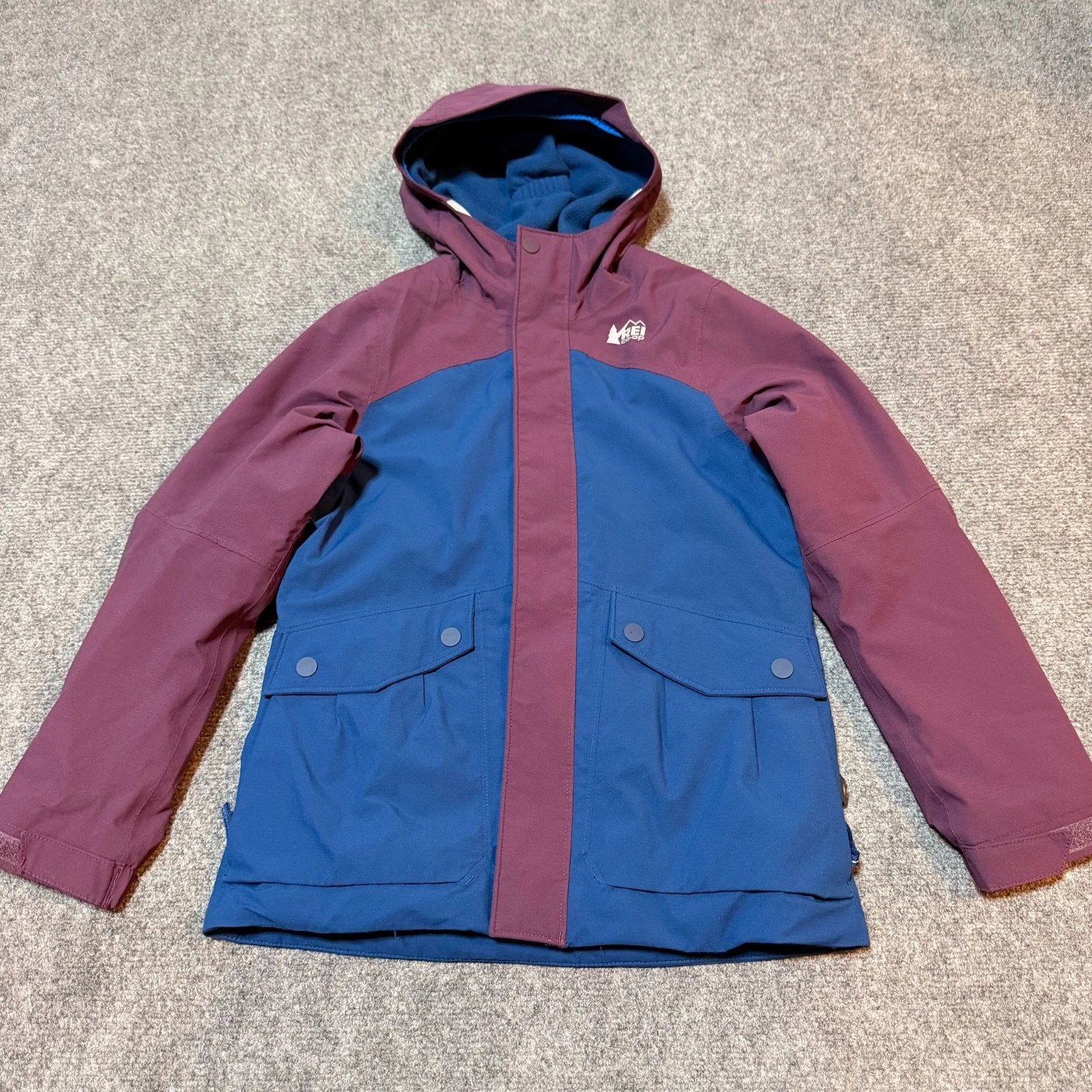 REI Jacket Youth Girls Small 8 Burgundy Blue Shell Full Zip Hooded Kids Outdoors