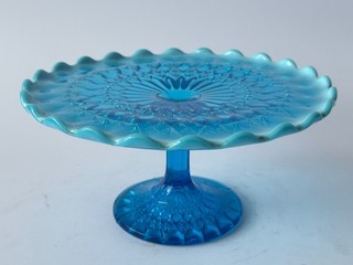 Cake Stand plate pedestal Opalescent Blue White Fenton Indiana Davidson pearline