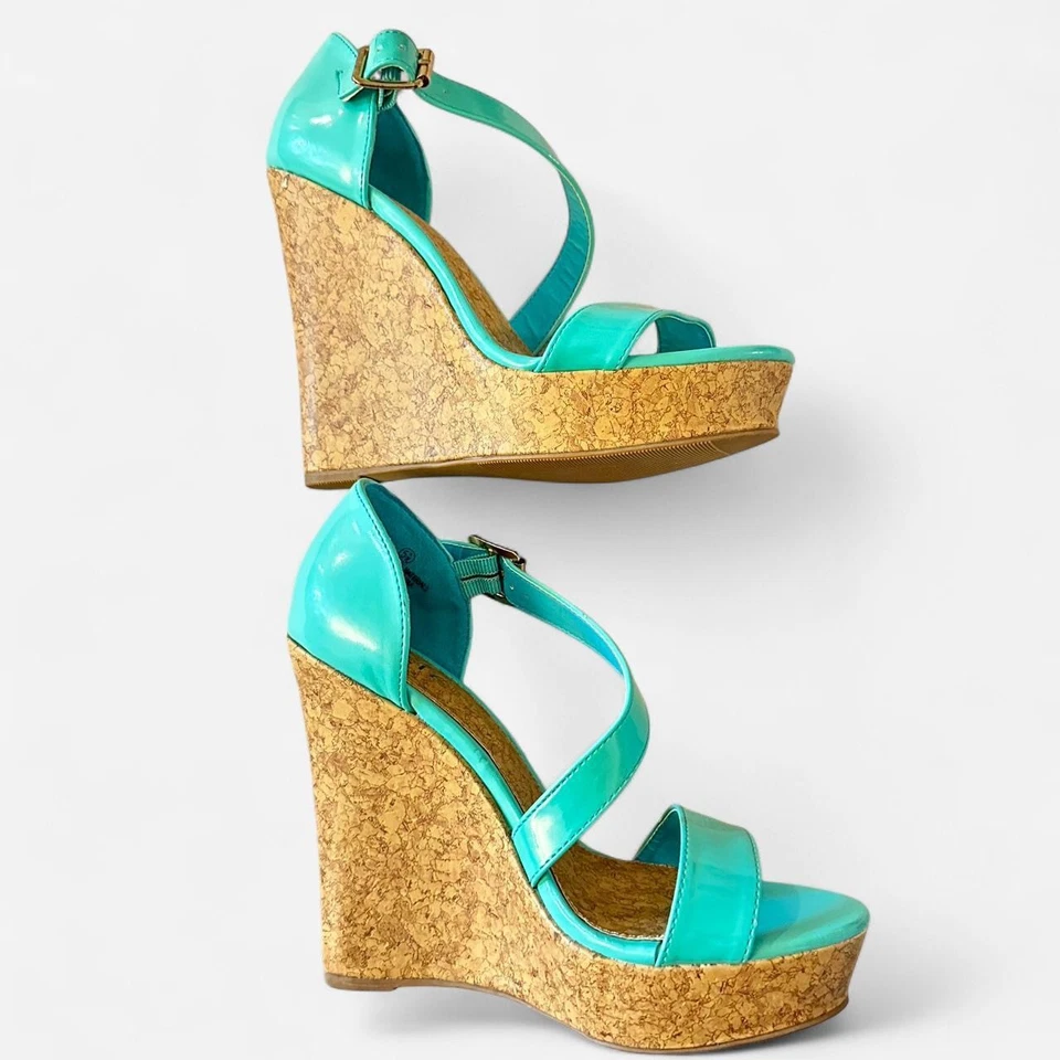 Sandalias cuña plataforma corcho turquesa Y2K talla 5,5 Foto 4 de 4