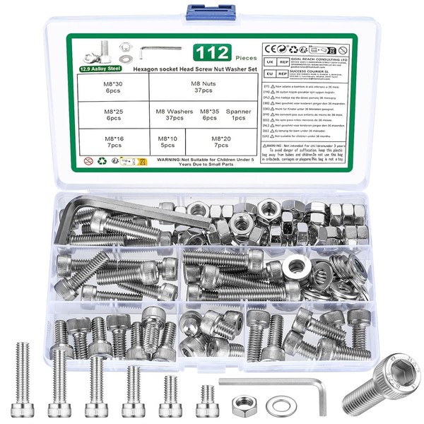 M8 Schrauben Set 112 Teile, Zylinderschrauben, Sechskantschrauben, Muttern,-image
