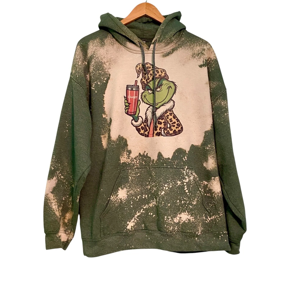 Sudadera con Capucha Grinch Stanley Estampado Leopardo Blanqueado Envejecido Talla XL Verde Pilling Foto 2 de 4