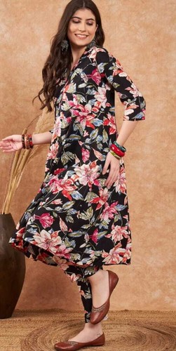 Women Elegant Kurti Pent Set Indian Floral Black Co-Ord Set Causal Top Tunic Set - Picture 13 of 13