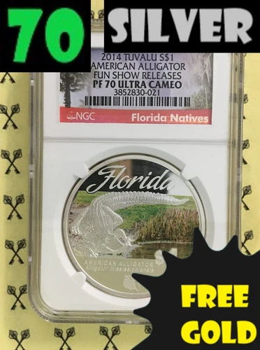 2014 Tuvalu Florida Alligator & FREE 1/2 GOLDBACK: FUN Show SILVER NGC PF 70 UC*