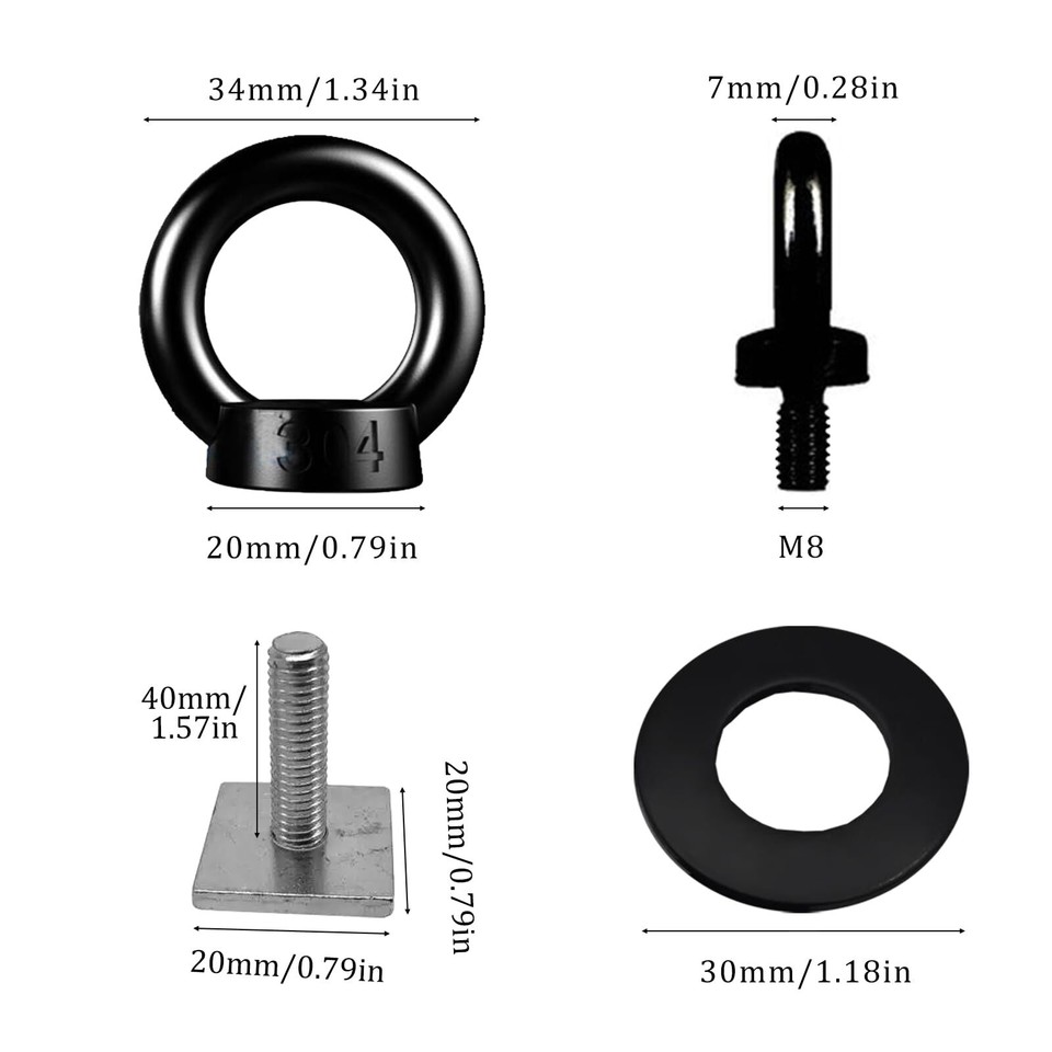 M8 Eye Bolt 4 Pack T Slot Bolt Tie Down Rings Black T Bolts for Roof