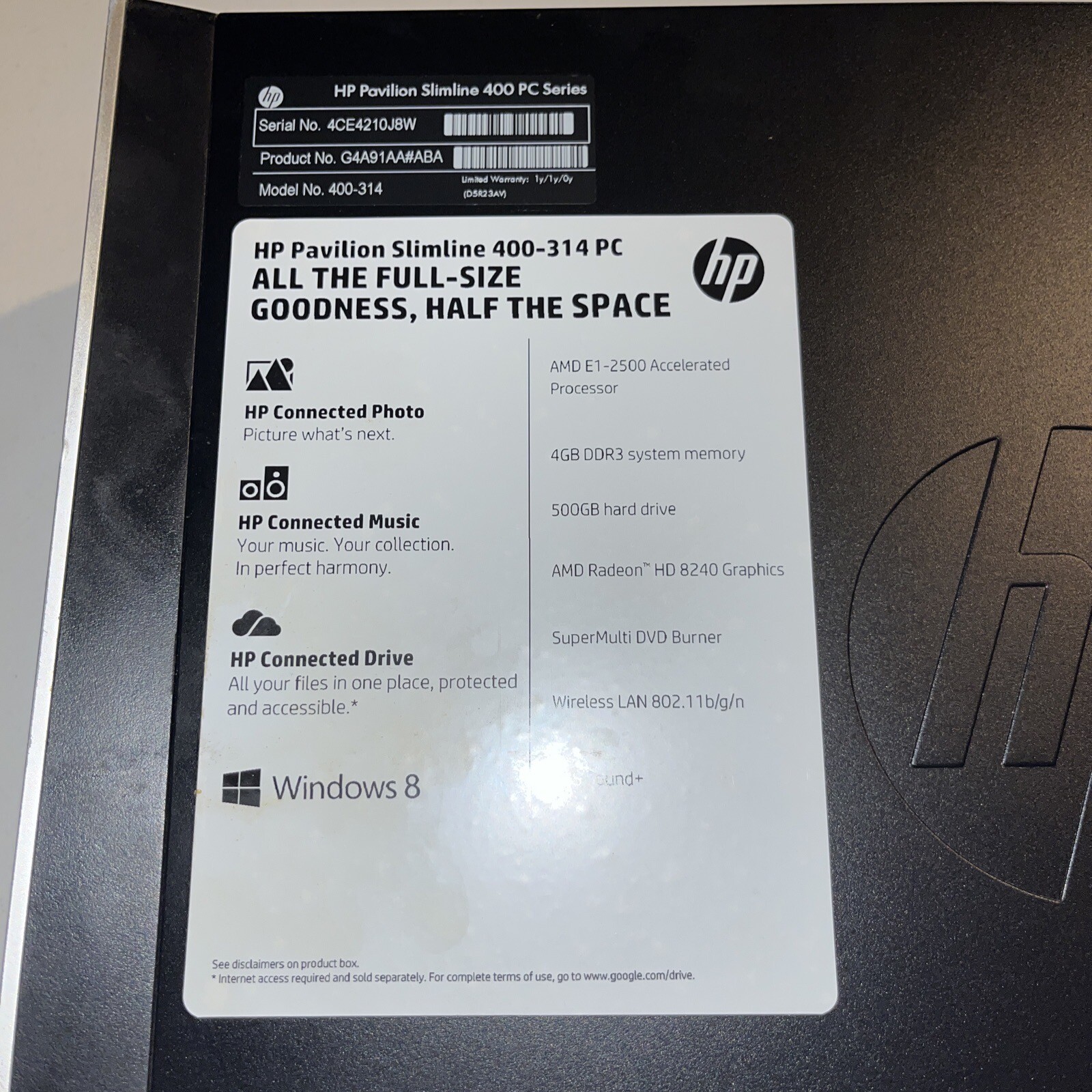 HP Pavilion Slimline 400-314 AMD E1-2500 1.4GHz 4GB RAM No HDD No AC Adapter - Picture 2 of 8