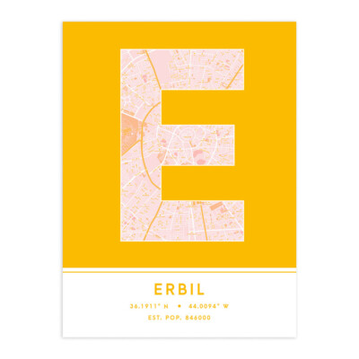 Erbil Irak Stadtplan Typografie ungerahmter Wandkunstdruck 12 x 16 Zoll