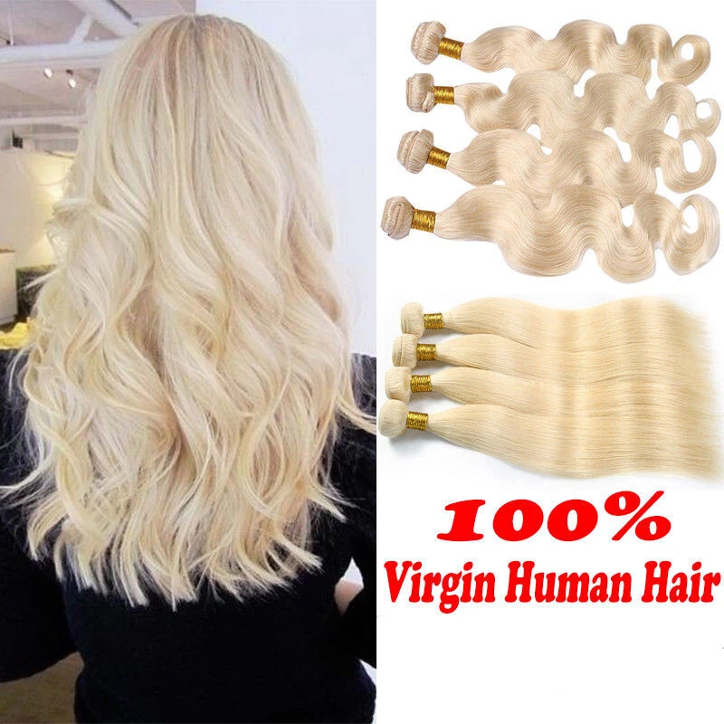 Paquete de 3 extensiones de cabello humano real Remy virgen onda recta trama rubia #613 Foto 2 de 4