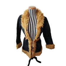 Vintage 90s Penny Lane Jacket Womens Size S Black Suede Faux Fur Almost Famous