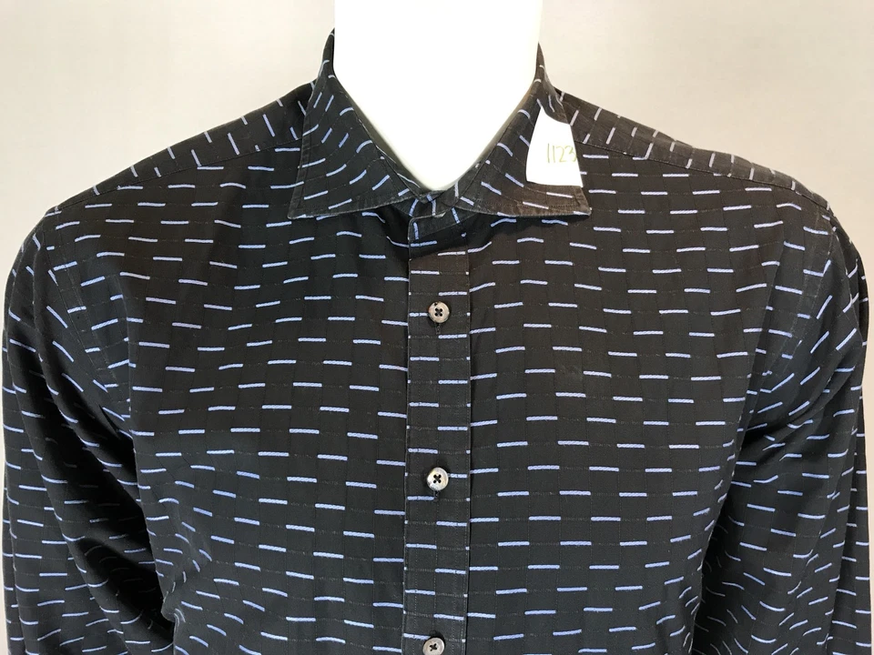男式 IKE Behar NY 大号黑色衬衫蓝色矩形珍珠母纽扣 L/S — 第 2/4 张图片
